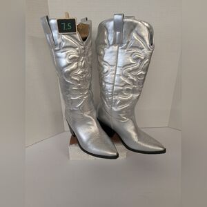 Silver Western-Style Faux Leather Women's Boots 7.5